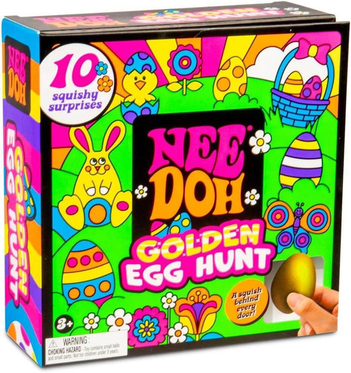 Brightly colored toy box featuring neon cartoon animals and a hand pulling a metallic gold egg from a surprise door.