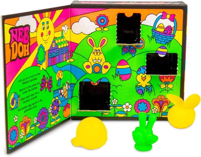 Colorful groovy Easter advent box with open doors and squishy toys: a green peace sign hand and two yellow figures.