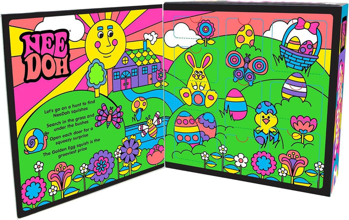 Colorful gift box with a bright cartoon spring scene, sun, bunny, and perforated doors for a surprise toy hunt.