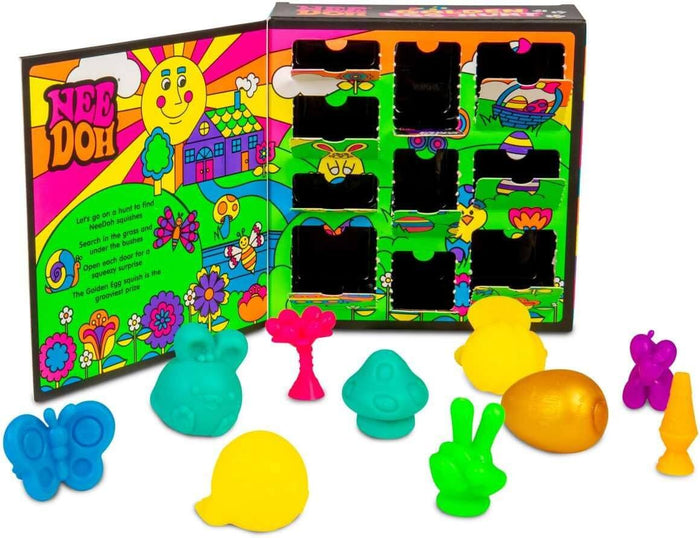 Psychedelic-themed box with surprise doors and bright squishy toys in varied shapes, including a large golden egg.