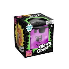 Purple ghost squishy with an eye patch and smile inside a black and green branded box with a clear front window.