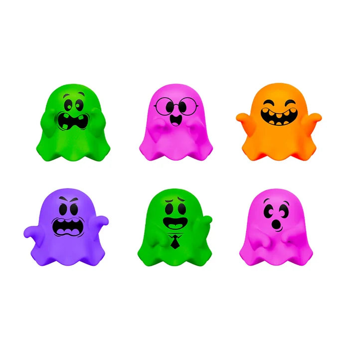 Six ghost-shaped squishy toys in green, pink, orange, and purple, each with various silly facial expressions.