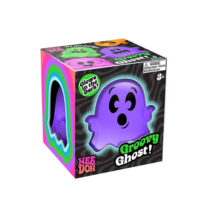 Black box with neon wavy designs and a ghost-shaped cutout revealing a purple squishy toy that glows in the dark.