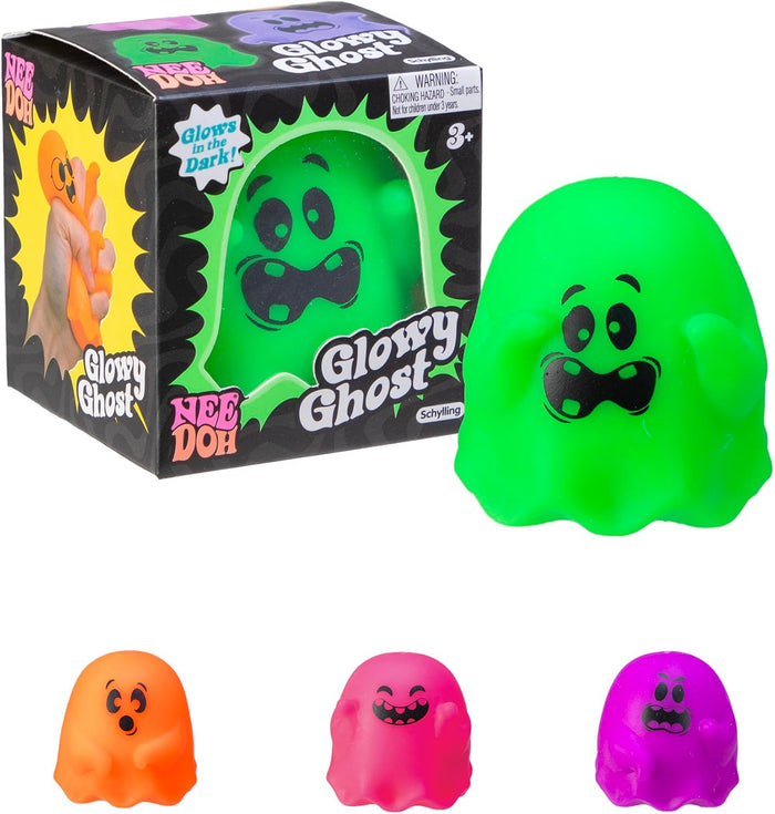 Four neon squishy ghost toys in green, orange, pink, and purple with silly faces next to their black display box.