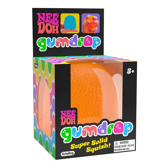 Orange textured gumdrop squishy toy in a black box with colorful NeeDoh Gumdrop branding and wavy graphics.