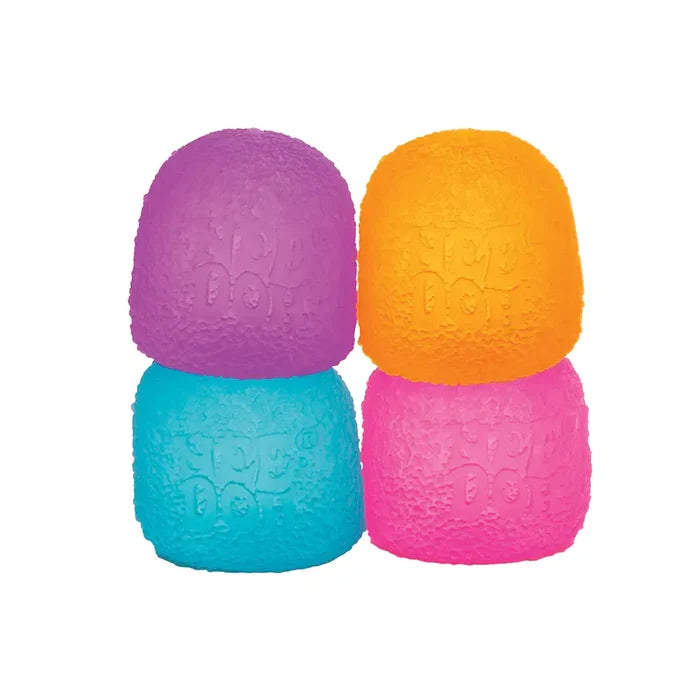 Purple, orange, blue, and pink gumdrop-shaped stress balls with a sugary texture and embossed NeeDoh logo.