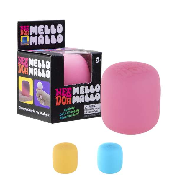 Pink marshmallow-shaped squishy toy next to its box, with smaller yellow and blue versions below.