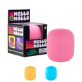 Pink marshmallow-shaped squishy toy next to its box, with smaller yellow and blue versions below.
