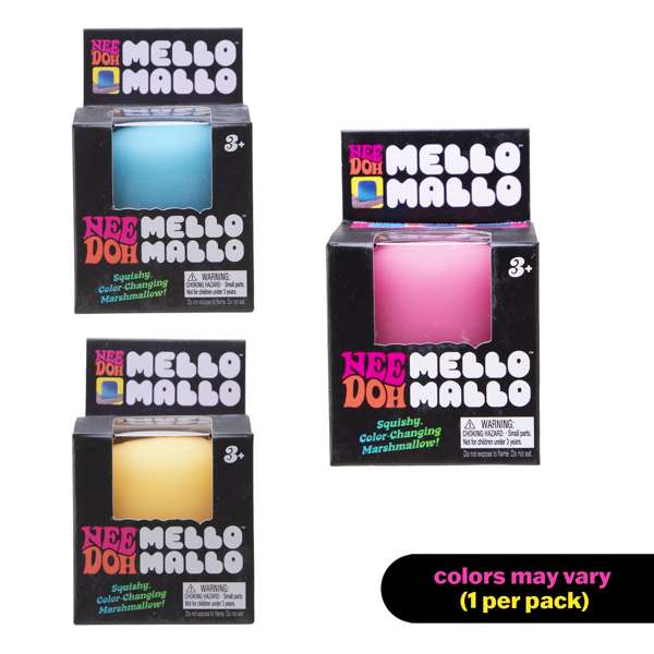 Three blue, pink, and yellow NeeDoh Mello Mallo squishy toys in black window boxes. Note: colors vary, 1 per pack.