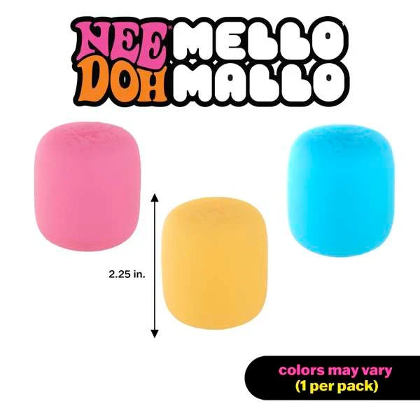 Three pink, yellow, and blue marshmallow-shaped squishy toys. 2.25 inches tall. One per pack, colors may vary.
