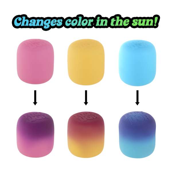 Pink, yellow, and blue pill-shaped squish toys that change to darker gradient colors when exposed to sunlight.