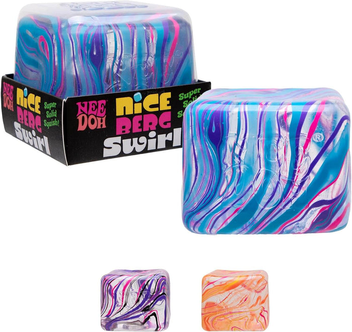 Squishy cubes with vibrant blue, pink, and orange marble swirls, shown both loose and in a black display box.
