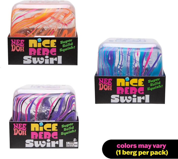 Three square squishy toys with orange, blue, and purple swirls, each in a black display box with a clear lid.