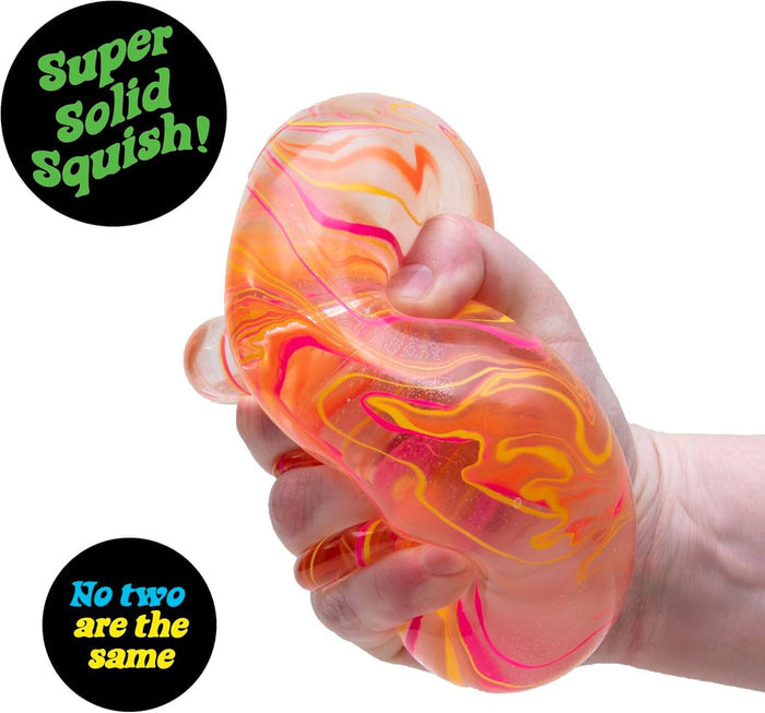 Hand squeezing a translucent orange, pink, and yellow swirled stress ball. Text says Super Solid Squish!