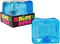 Translucent blue cube squishy toy with embossed logo, shown in and out of its black and neon branded packaging.