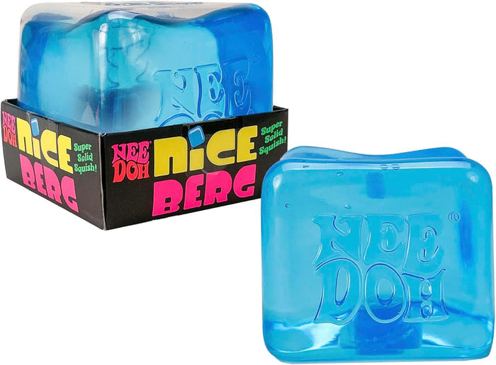 Translucent blue cube squishy toy with embossed logo, shown in and out of its black and neon branded packaging.