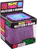 Translucent purple glitter squishy cube toy in a black box with bright pink, yellow, and green text.