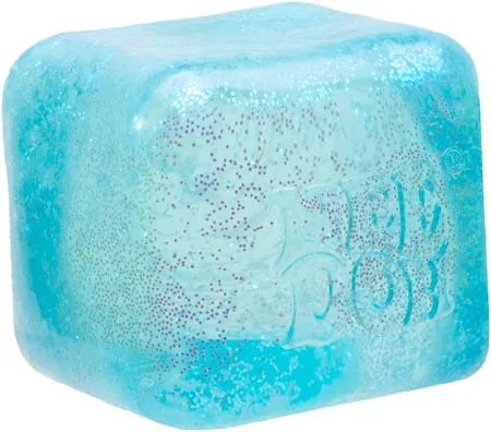 Translucent light blue squishy cube filled with silver glitter, featuring an embossed logo.