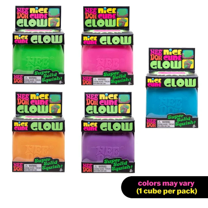 Five neon glow-in-the-dark squishy cubes in green, pink, blue, orange, and purple. One cube per pack, colors may vary.