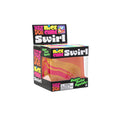 Pink and yellow swirled squishy cube toy in a colorful black retail box with a clear plastic window.