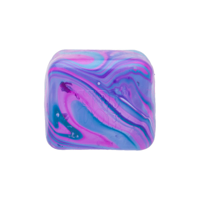 Rounded cube stress toy featuring a marbled swirl pattern of vibrant pink, purple, and blue.