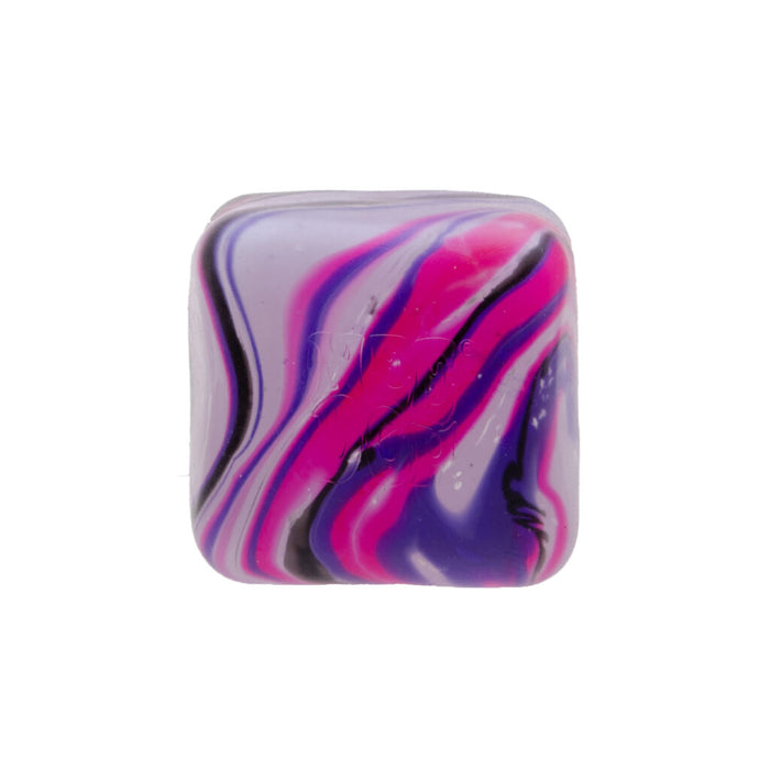 Translucent squishy cube with bold pink, purple, and black marbled swirls inside.