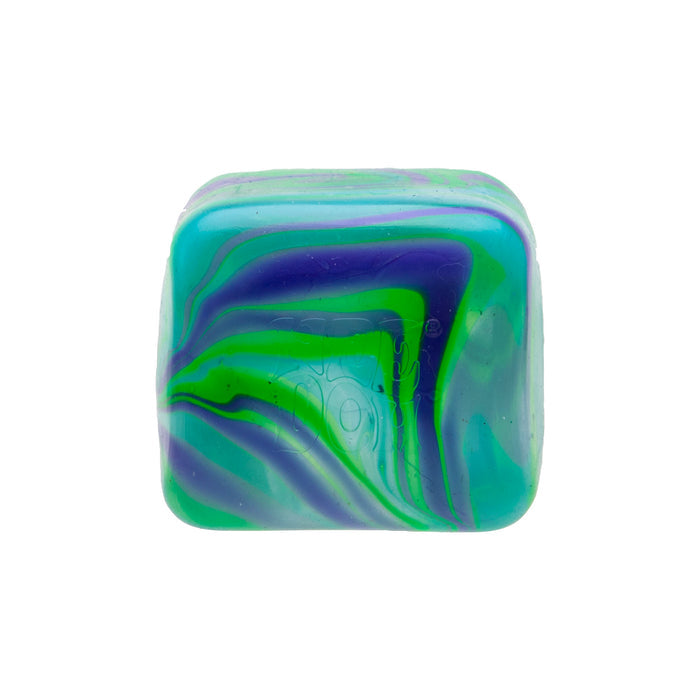 Square stress toy with rounded corners and a marbled swirl pattern of teal, bright green, and royal blue.