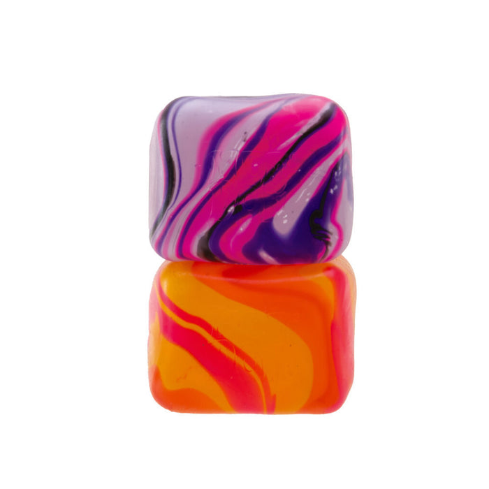 Two stacked translucent squishy cubes with marbled patterns: one pink and purple, one orange and yellow.