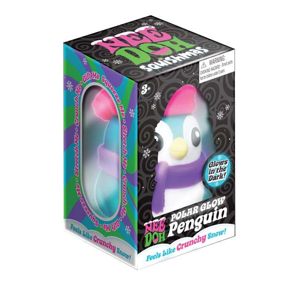 Colorful box for a penguin toy with a pink hat and purple scarf. Features glow-in-the-dark and crunchy snow text.