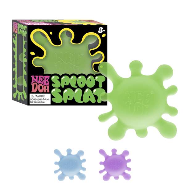 Neon green splat-shaped squishy toy next to its black packaging, plus smaller blue and purple versions.