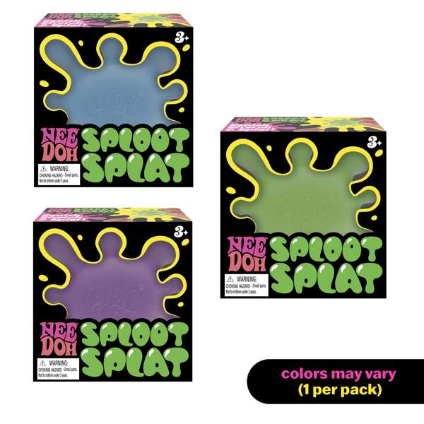 Blue, green, and purple NeeDoh Sploot Splat toys in black boxes with neon splat-shaped windows.