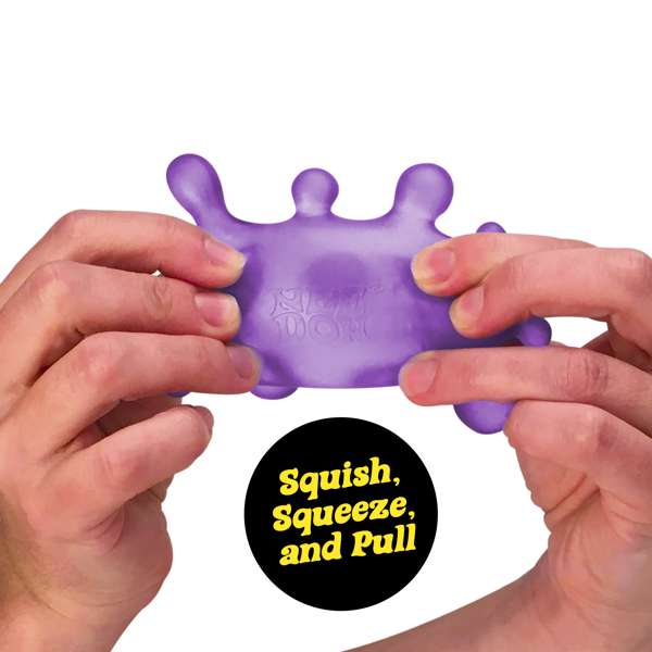 Hands pull a purple, translucent, splat-shaped squishy toy. A black circle reads Squish, Squeeze, and Pull.