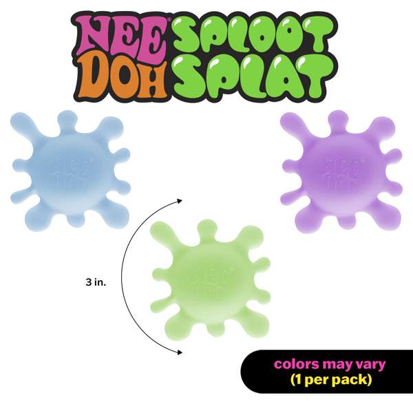Three 3-inch splat-shaped squishy toys in blue, purple, and green. Text says colors vary, one per pack.