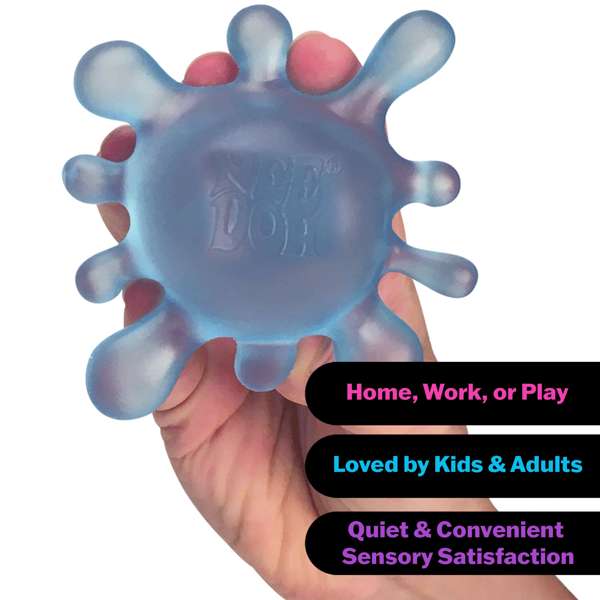 Translucent blue splat-shaped squishy toy with rounded arms held in a hand. NeeDoh is embossed in the center.