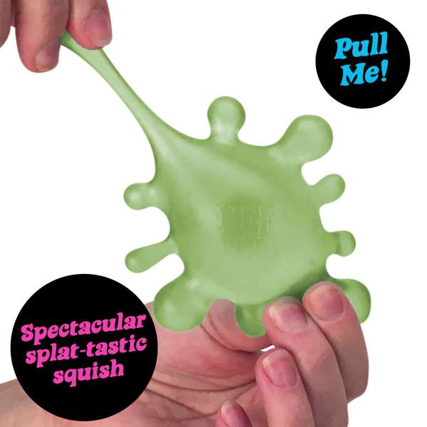 Translucent green splat-shaped toy stretched by hands. Labels: Pull Me! and Spectacular splat-tastic squish.