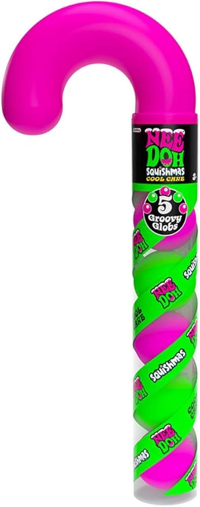 Bright pink candy cane tube containing five alternating neon green and pink squishy balls in clear packaging.