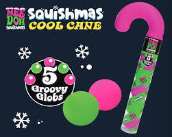 Pink candy cane-shaped tube filled with squishy balls, with one pink and one green ball shown outside the packaging.