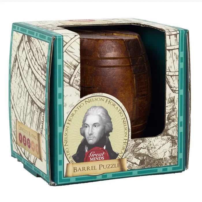 Dark brown wooden barrel puzzle inside a teal and cream nautical box with a portrait of Horatio Nelson.