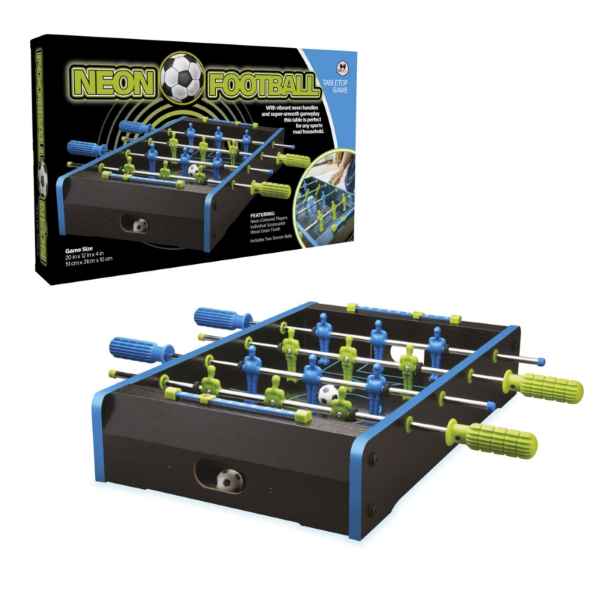 Tabletop foosball game with neon blue and green players on a black table, shown next to its retail box.