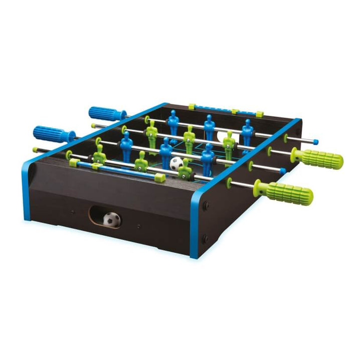 Portable foosball table featuring neon blue and green figures, matching handles, and a dark frame with blue trim.