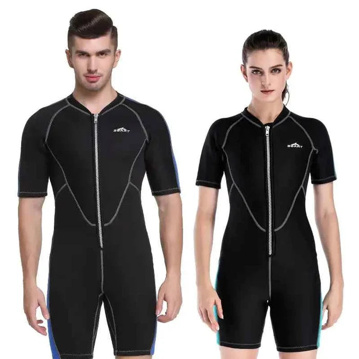Sky blue men's 2mm neoprene wetsuit by Mead's Supply & Equipment for full-body UV protection, ideal for water sports, diving, and surfing.