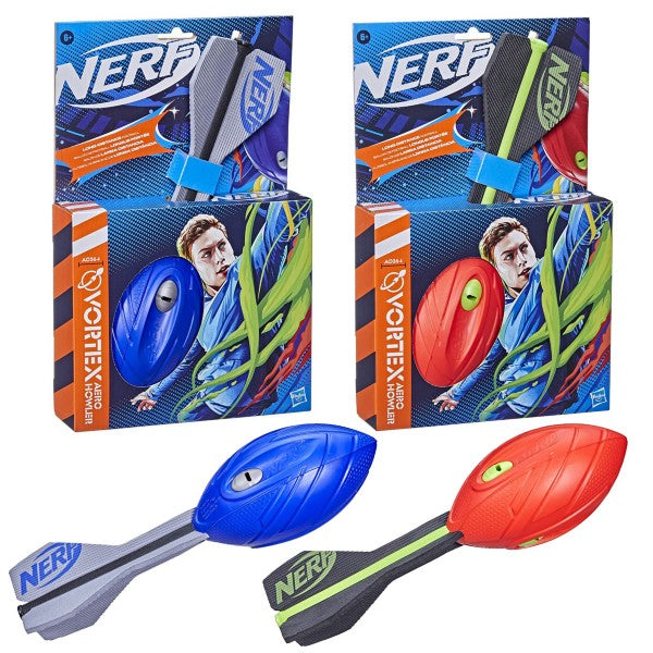 Blue and red aerodynamic foam footballs with tail fins, shown in Nerf Vortex Aero Howler boxes and unboxed.