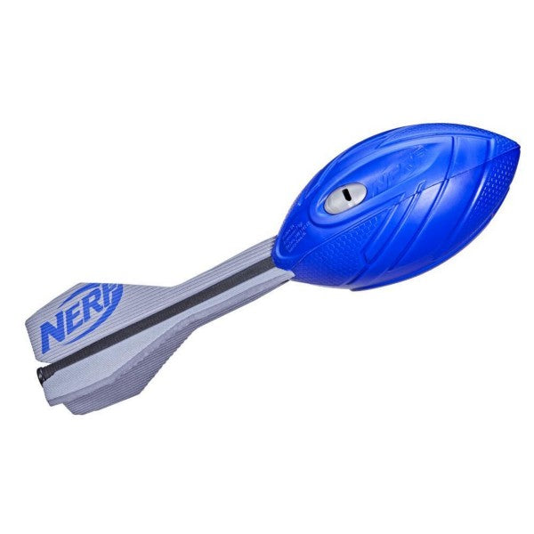 Blue foam football with a whistling hole and a long grey tail featuring three fins and the blue Nerf logo.