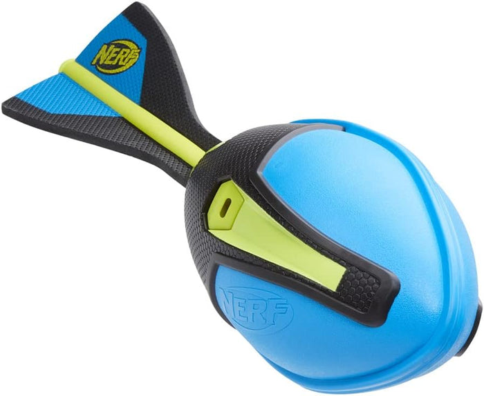 Aerodynamic blue and black Nerf foam football with neon yellow accents and a long tail fin.