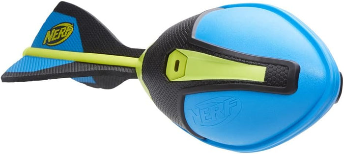 Aerodynamic blue and black foam football with three tail fins, lime green accents, and the Nerf logo.
