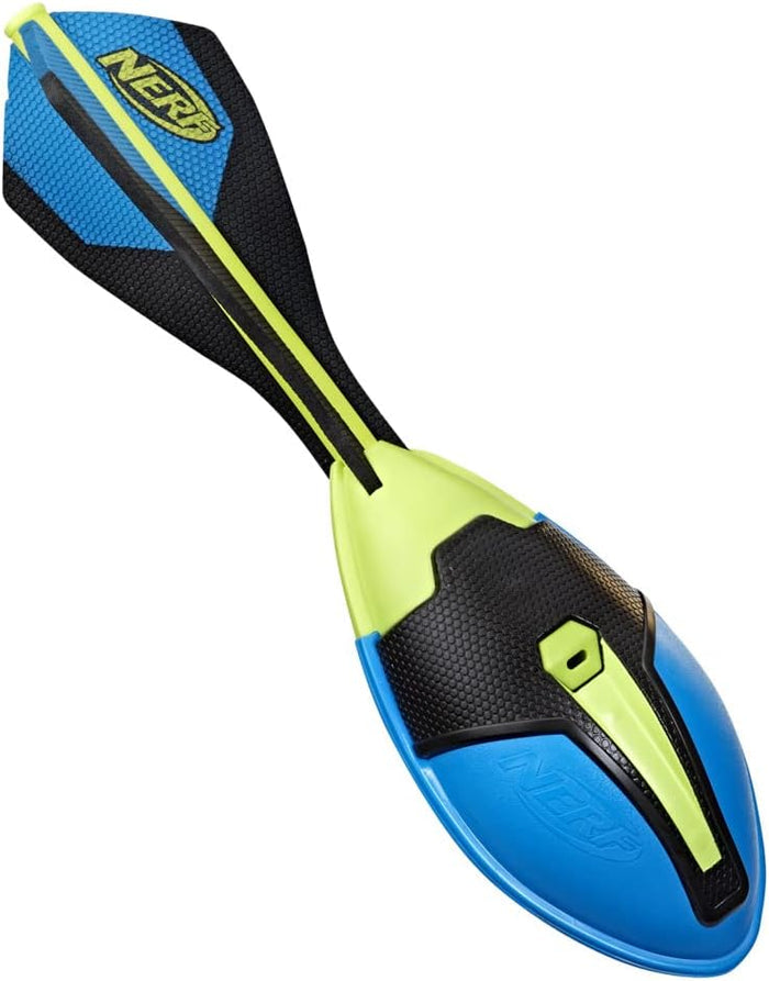 Blue, neon yellow, and black foam football with a long tail, three stabilizing fins, and textured grip panels.