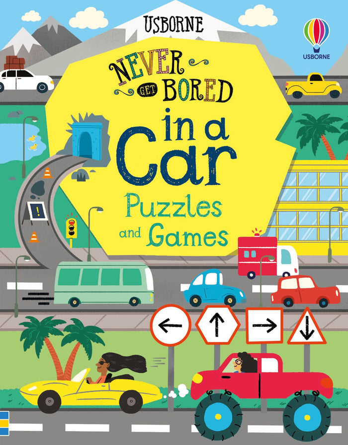 Usborne children's book cover with colorful cartoon cars, a bus, and road signs on a bright yellow background.