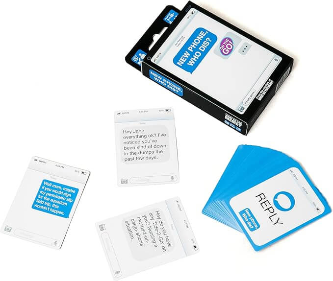 Black box and cards mimicking a phone interface with white text message bubbles and a stack of blue cards.