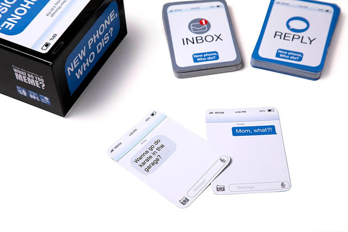 Black game box and stacks of smartphone-shaped cards featuring humorous text message prompts and conversation bubbles.