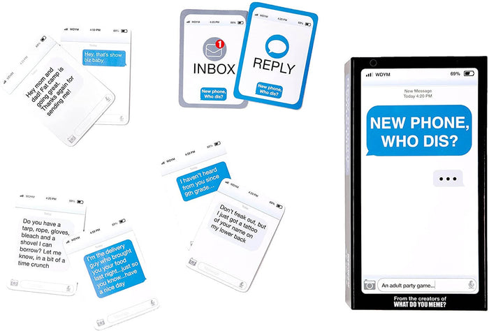 Black board game box and cards styled like smartphone screens with humorous blue and white text message speech bubbles.
